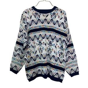 Vintage 80s‎ 90s Bramble Lane blue white rainbow metallic detail sweater MEDIUM